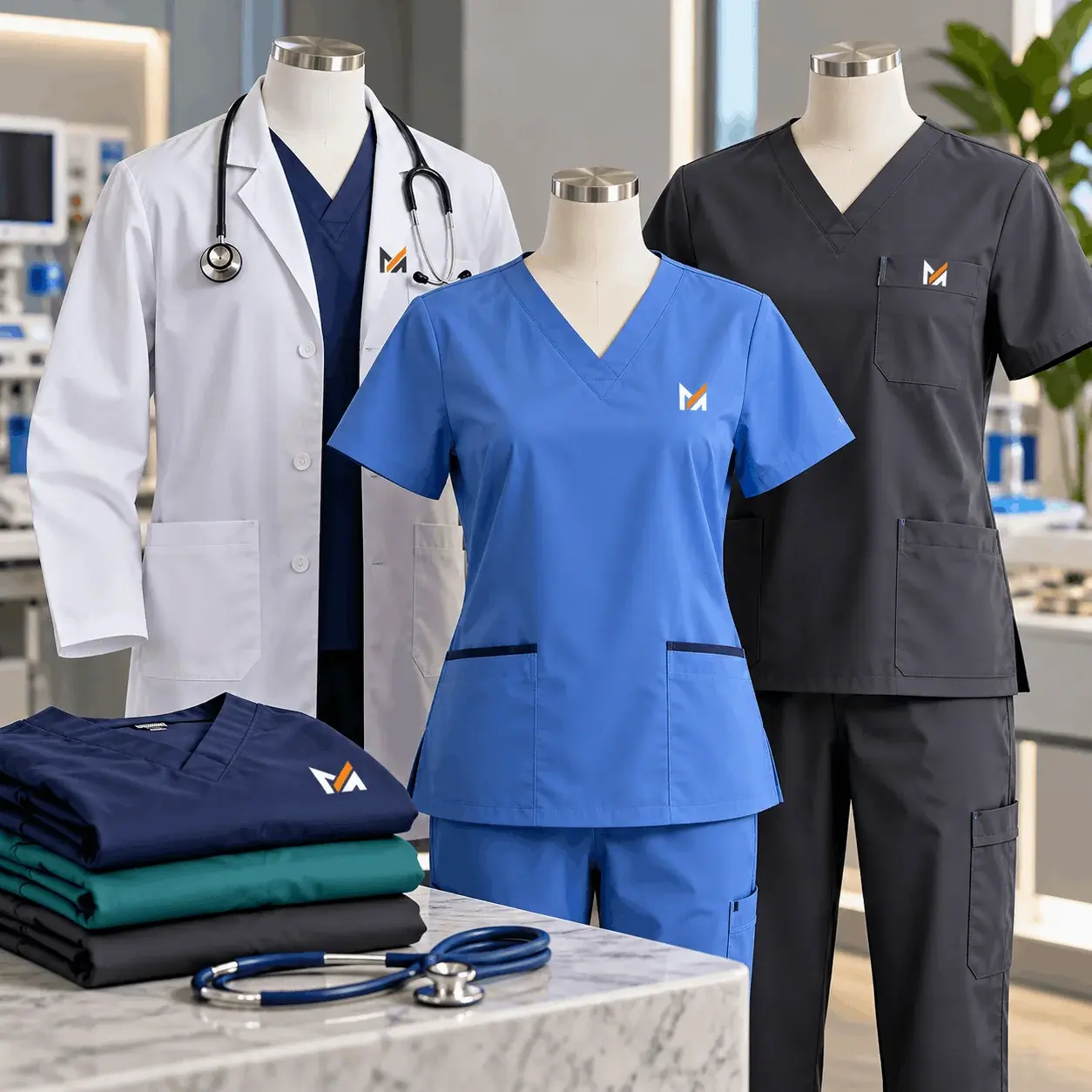 Healthcare uniforms displayed on mannequins, featuring blue and charcoal medical scrubs, a white lab coat, stethoscopes,
                                    and Mega Apparel branding in a modern clinical setting.